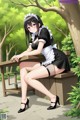 A woman in a maid outfit sitting on a bench.