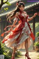 A woman in a red and white dress is dancing in a garden.